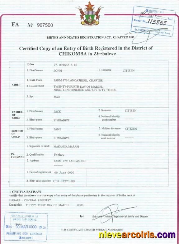 Zimbabwe birth certificate